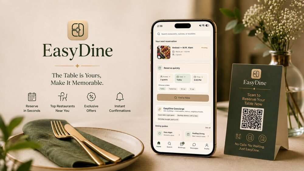 EasyDine app on a phone with a scan-to-reserve table tent